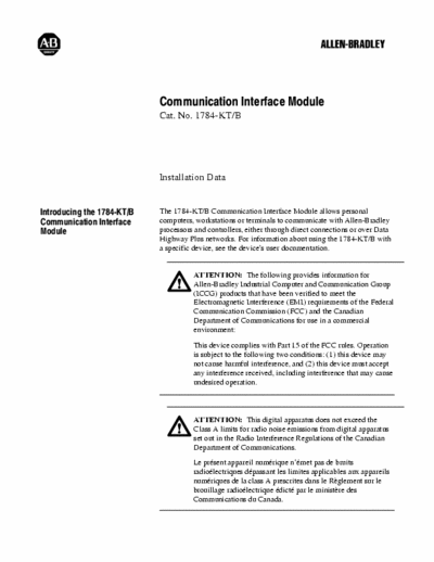 Allen Bradley 1784-KT Manual for Allen Bradley ISA Interface Board 1784-KT used with PLC-2 controllers and PC.